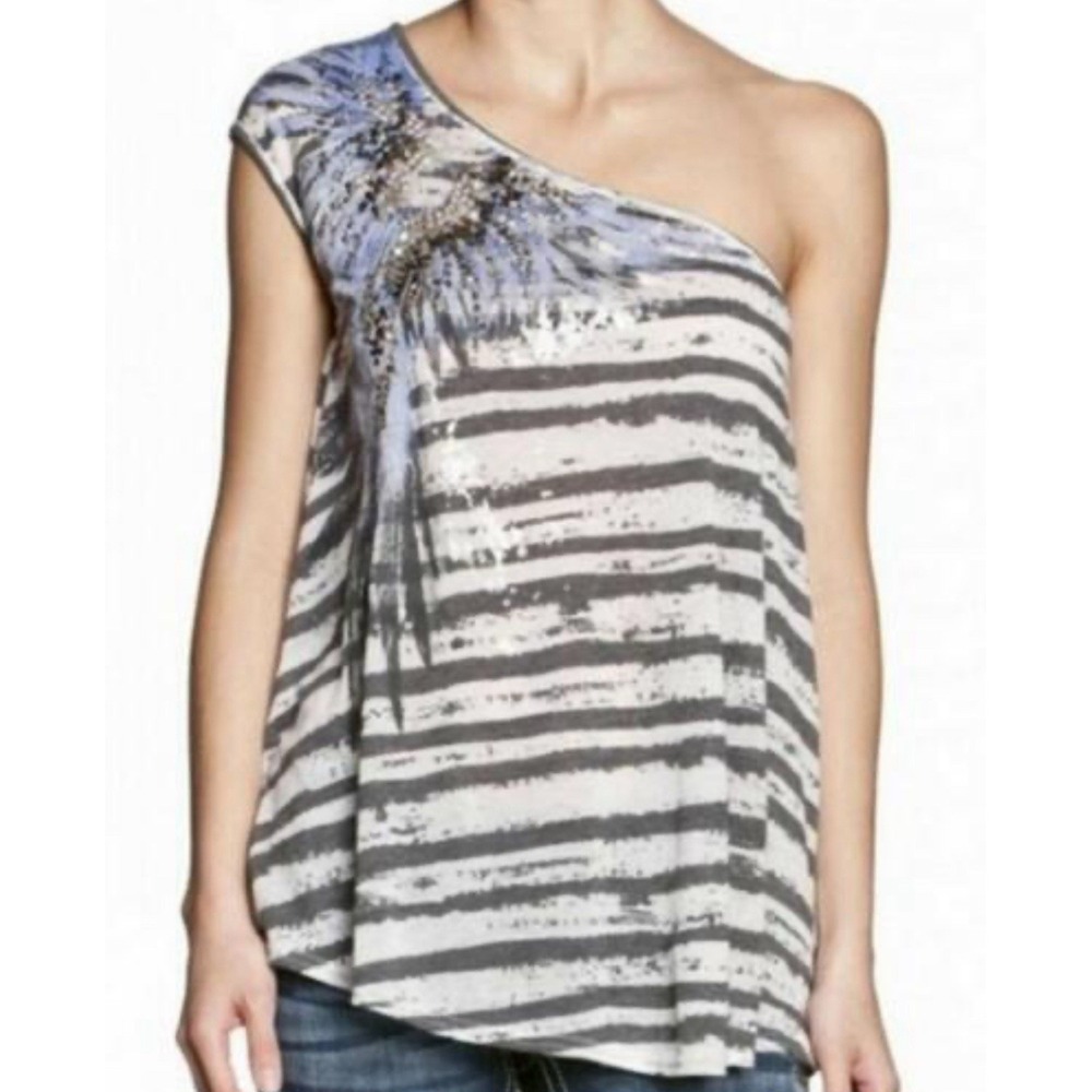 Miss Me Ladies One Shoulder Blue & Black Sequined Blouse Sz M Poly, Rayon. Boho